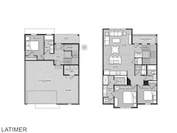 A floor plan of a house with two bedrooms and a garage.