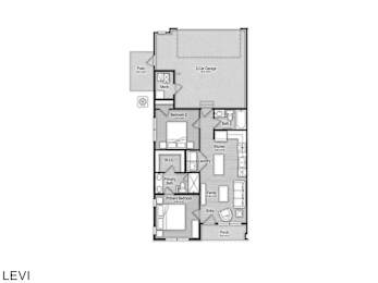 A floor plan of a house with a garage, two bedrooms, a living room, a kitchen, a bathroom, and a laundry room.