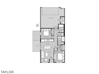 A floor plan of a Taylor apartment with a living room, kitchen, and two bedrooms.