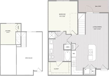 A floor plan of a house with a bedroom, living room, and bathroom.