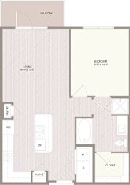 A floor plan of a balcony apartment with a living room, bedroom, and closets.
