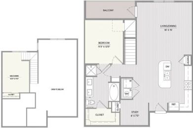 A floor plan of a house with a balcony, living room, dining room, kitchen, and two bedrooms.