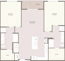 A floor plan of a house with two bedrooms, a living room, and two closets.