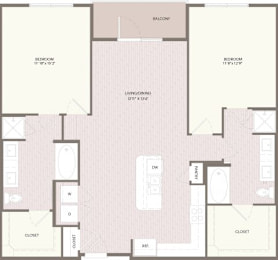A floor plan of a house with a balcony, two bedrooms, a living/dining area, and two closets.