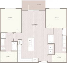 A floor plan of a house with two bedrooms, a living room, a bathroom, a kitchen, a dining room, and two closets.