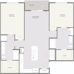 A floor plan of an apartment with two bedrooms, a living room, a panorama window, and closets.