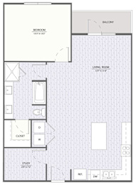A floor plan of an apartment with a bedroom, living room, study, and closet.