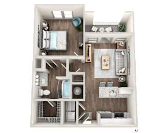 A 3D floor plan of a small apartment with a bedroom, living room, and kitchen.