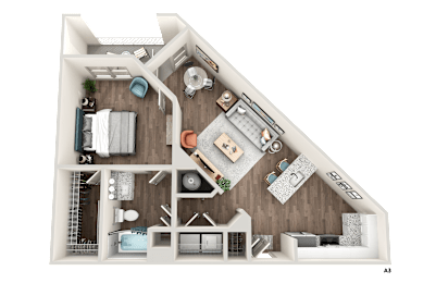A detailed 3D floor plan of a house showing all rooms and furniture layout.
