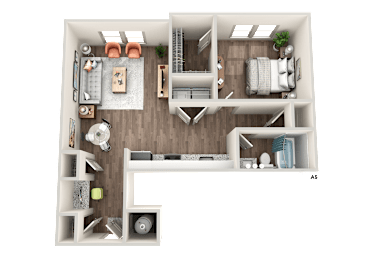A 3D floor plan of a small apartment with a kitchen, living room, and bedroom.