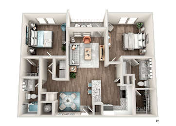 A top-down view of a house layout with multiple rooms and furniture.