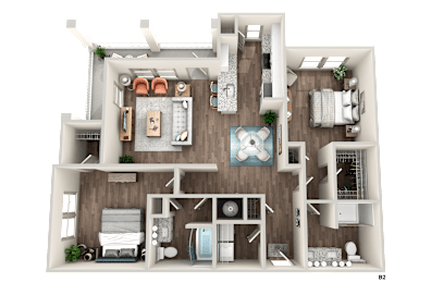 A 3D rendered image of a house layout.