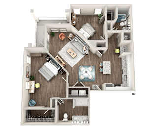 A 3D floor plan of a house layout.