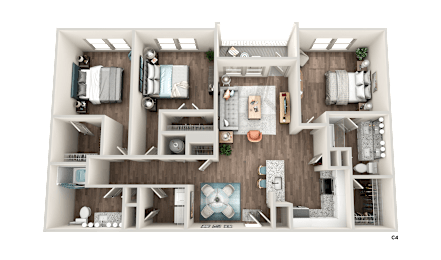 A 3D rendered image of a house layout with multiple rooms and furniture.