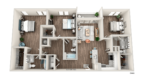A 3D rendered image of a house layout.