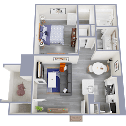 A top-down view of a modern apartment layout with a living room, kitchen, and bedroom.