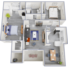 a 3d rendered floor plan of a two bedroom apartment