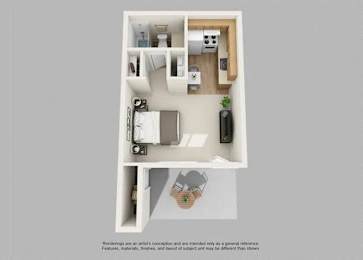 A floor plan of a small apartment with a kitchen, living room, and bathroom.