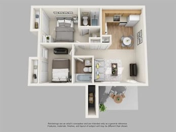 A 3D rendered image of a small apartment layout.