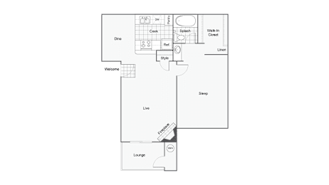 A diagram of a house layout with labeled rooms such as Dine, Live, and Sleep.