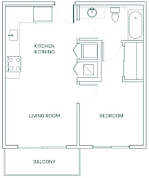 A floor plan of a small apartment with a kitchen, living room, bedroom, and balcony.