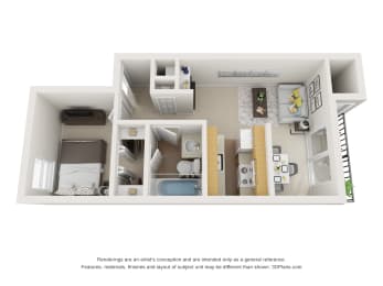 a 3d floor plan of a small apartment with a bedroom and a bathroom