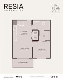 A floor plan for a 1 Bed 1 Bath apartment at Resia North City.