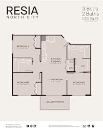 A floor plan for a 3 bedroom, 2 bathroom apartment in Resia North City.