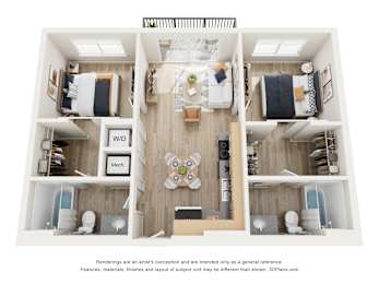 A 3D floor plan of a small apartment with a kitchen, living room, and two bedrooms.