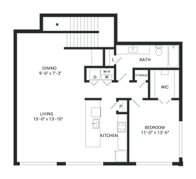 A floor plan of a house with a living room, kitchen, dining room, bedroom, bathroom, and storage.