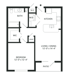A floor plan of a small apartment with a bedroom, bathroom, kitchen, living/dining area, and patio.
