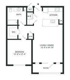A floor plan of a small apartment with a living room, kitchen, bedroom, bathroom, and patio.