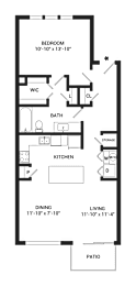 A floor plan of a house with a bedroom, kitchen, living room, and bathroom.