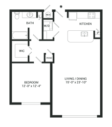 A floor plan of a small apartment with a bedroom, living/dining area, kitchen, and bathroom.