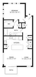 A floor plan of a house with a bedroom, bathroom, kitchen, dining area, living room, and patio.