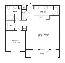 A floor plan of a house with a living room, dining room, kitchen, bedroom, bathroom, and patio.