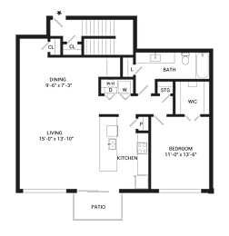 A floor plan of a house with a living room, dining room, kitchen, bedroom, bathroom, and patio.