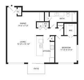 A floor plan of a house with a living room, dining room, kitchen, bedroom, bathroom, and storage area.