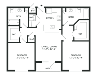 A floor plan of a house with two bedrooms, a living/dining area, kitchen, two bathrooms, and a patio.