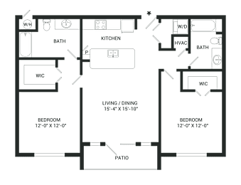 A floor plan of a house with two bedrooms, a living/dining area, a kitchen, two bathrooms, and a patio.