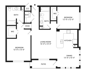 A floor plan of a house with two bedrooms, a living room, a kitchen, a dining room, a bathroom, and a patio.