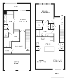 A floor plan of a two-story house with labeled rooms and dimensions.