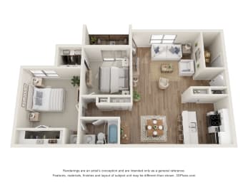a stylized floor plan of a 1 bedroom floor plan