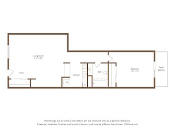 A floor plan of a home with a living room, kitchen, bathroom and bedroom.
