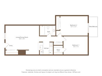 A floor plan of a two bedroom apartment with a living/dining room.