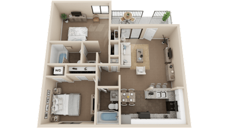 A detailed 3D floor plan of a small apartment layout.