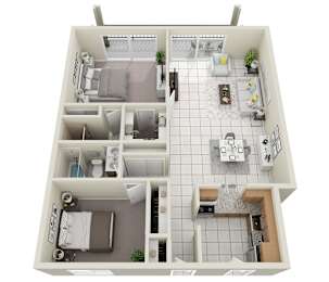 A top down view of a house layout with a kitchen, living room, dining room, and two bedrooms.