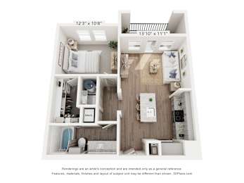 A 3D floor plan of a small apartment with a kitchen, living room, and bedroom.