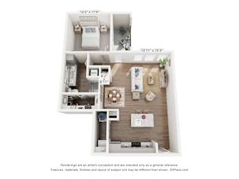 A 3D floor plan of a small apartment with a kitchen, living room, and two bedrooms.