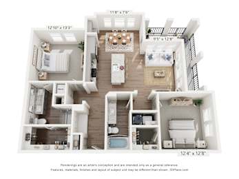 A 3D floor plan of a two-bedroom apartment with a living room, kitchen, and bathroom.